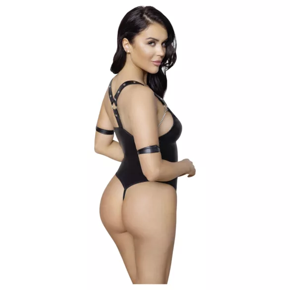 Cottelli Bondage - öppen body med ringar - blank svart - XL