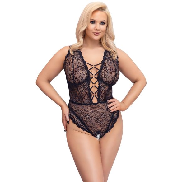 Cottelli Curves Plus Size - transparent mönstrad body - svart - 90D/XL
