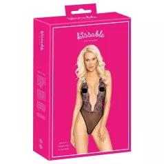 Kyssbar - svart spetsbody med rosa brodyr - L/XL