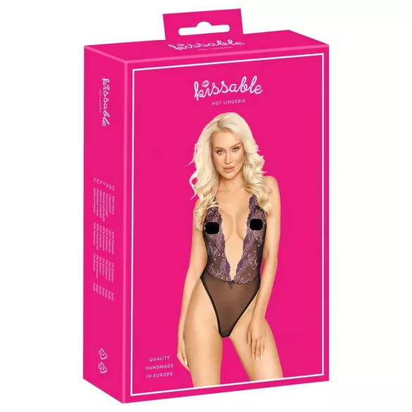 Kyssbar - svart spetsbody med rosa brodyr - L/XL