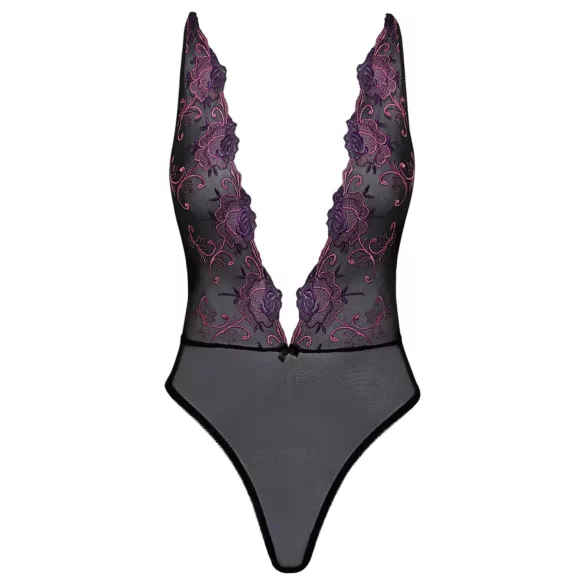 Kyssbar - svart spetsbody med rosa brodyr - L/XL