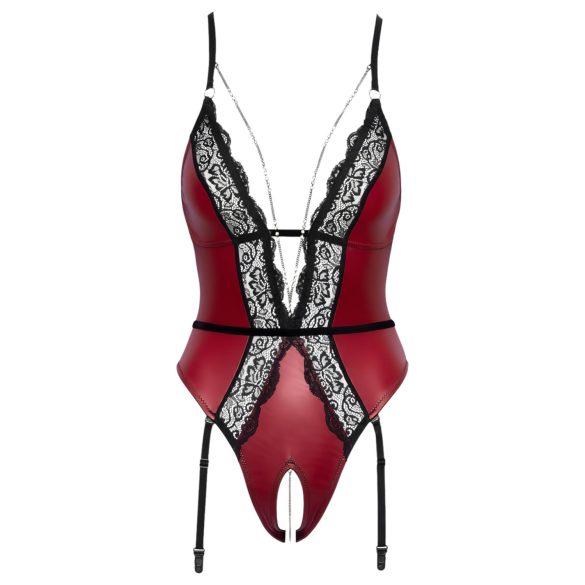 Abierta Fina - öppen body med strumpeband - svart/röd - L