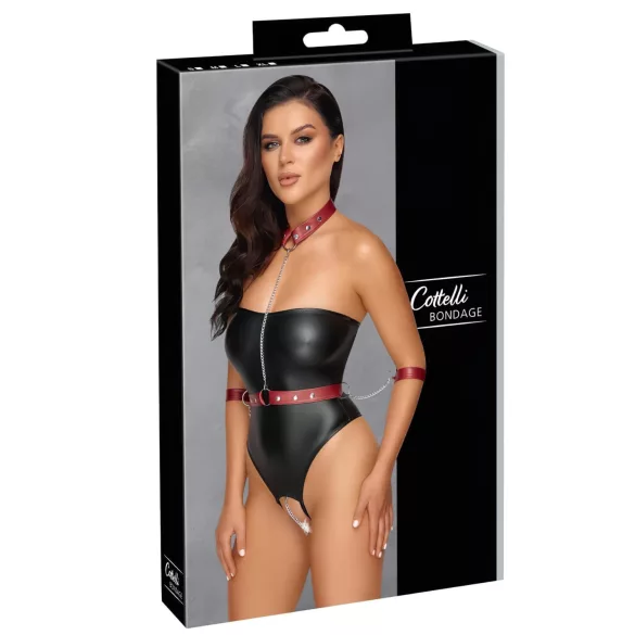 Cottelli Bondage - glänsande body med arm- och halsfästen (svart) - M
