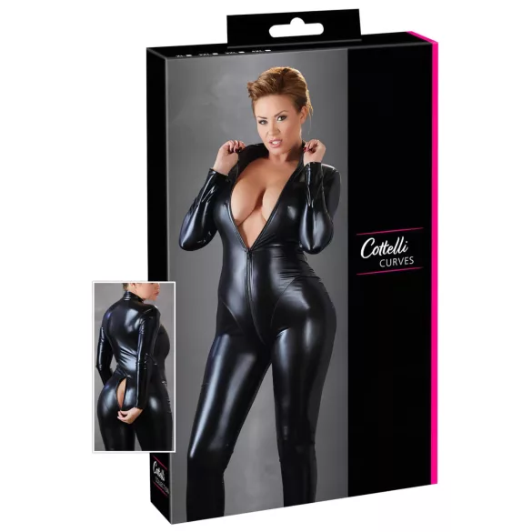 Cottelli Plus Size - catsuit med långa ärmar - glansig svart - 3XL