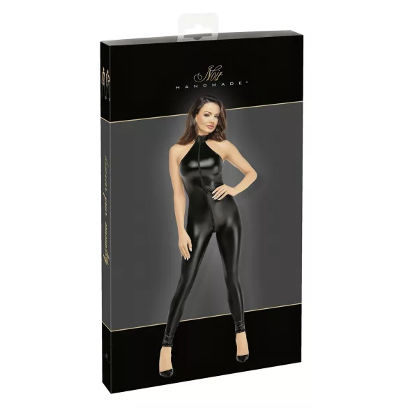 Noir - wetlook catsuit med dragkedja - svart - L