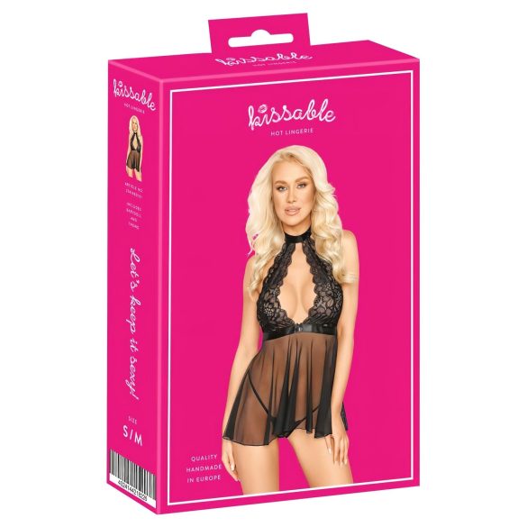 Kyssbar spets-babydoll med halsband (svart) - L/XL