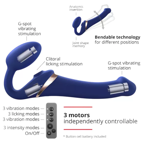 Strap-on-me - strap-on vibrator med luftvågstimulans - silikon blå M