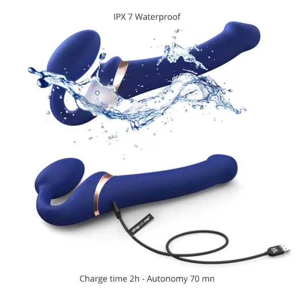 Strap-on-me - strap-on vibrator med luftvågstimulans - silikon blå M