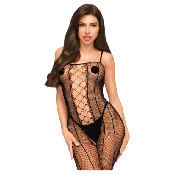 Penthouse Drop-Dead - Öppen svart catsuit med nät och ränder