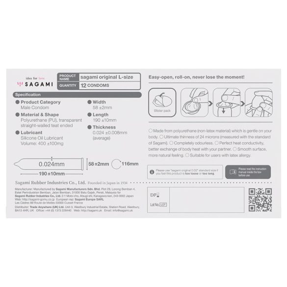 Sagami Original 0,02 L - kondom - ultratunn - 58mm - 12 st