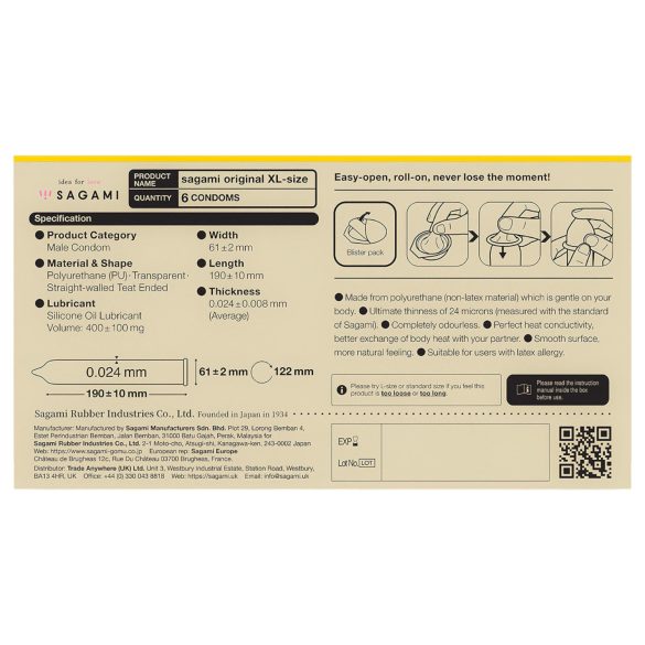 Sagami Original 0,02 XL - kondom - extra stor - 61mm - 6 st