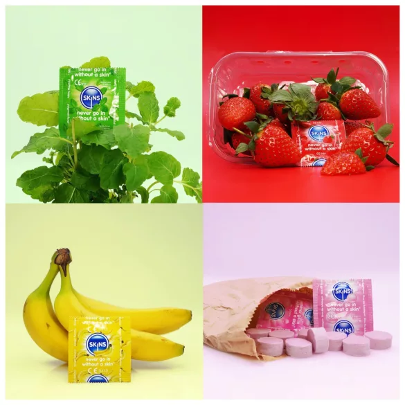 Skins - smaksatt kondom - mint, tuggummi, banan, jordgubb (4 st)