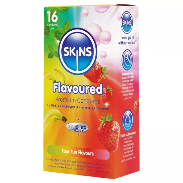 Skins - smaksatt kondom - mint, tuggummi, banan, jordgubb (16 st)