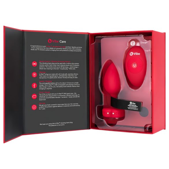 b-vibe heart - uppladdningsbar analvibrator med fjärr (röd)