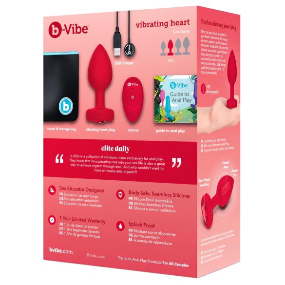 b-vibe heart - uppladdningsbar analvibrator med fjärr (röd)
