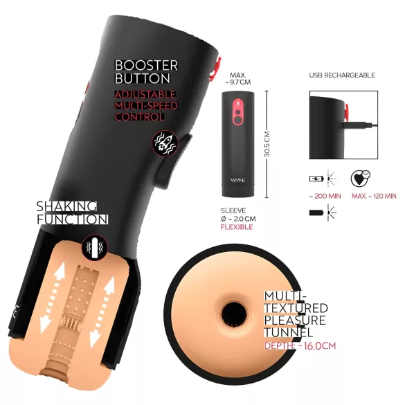 WYNE 08 - elektrisk masturbator med upp-och-ner rörelse - svart