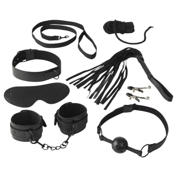Baseks - bondage-set med piska och bröstvårtsklämmor (svart)