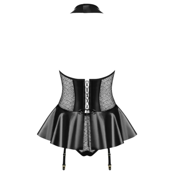 Obsessive - korsett och tanga i lackimitation (svart)