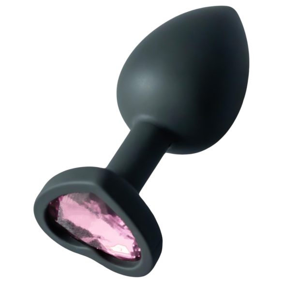 Sunfo - Silikon Analplugg med Hjärtformad Rosa Sten (Svart)