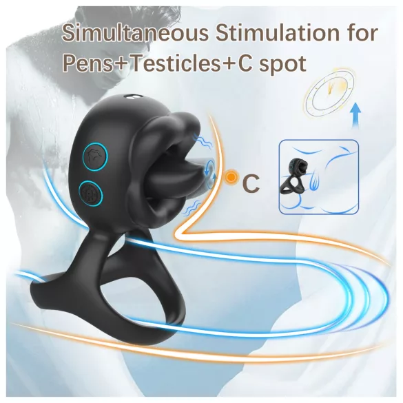 Biu-Biu - penisring och klitorisvibrator med slickfunktion - svart