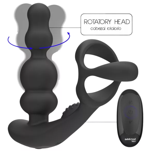 Addicted Toys - analvibrator med roterande huvud och penisring - svart