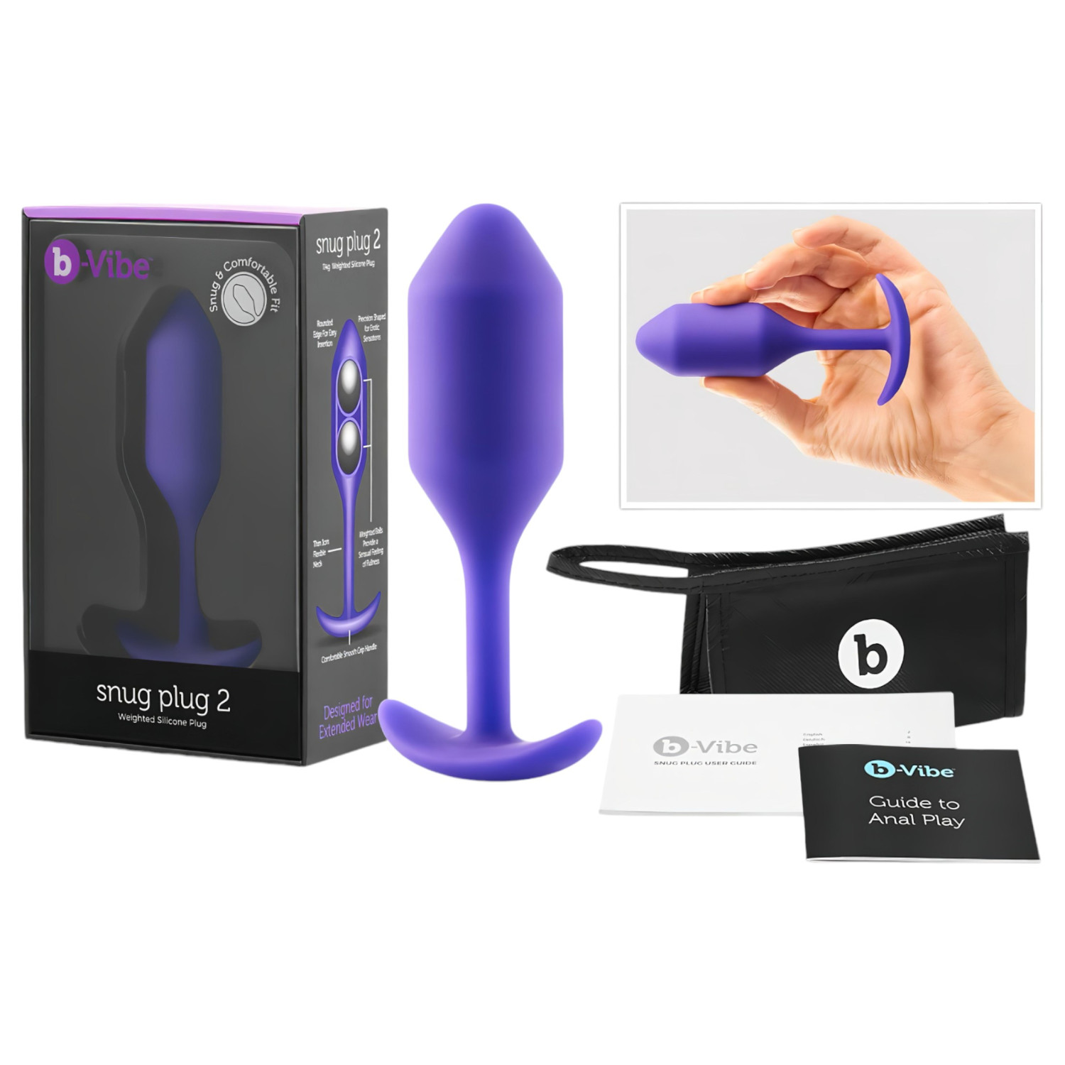 b-Vibe Snug Plug 2 - dubbelkuleformad analplugg (114 g, lila)