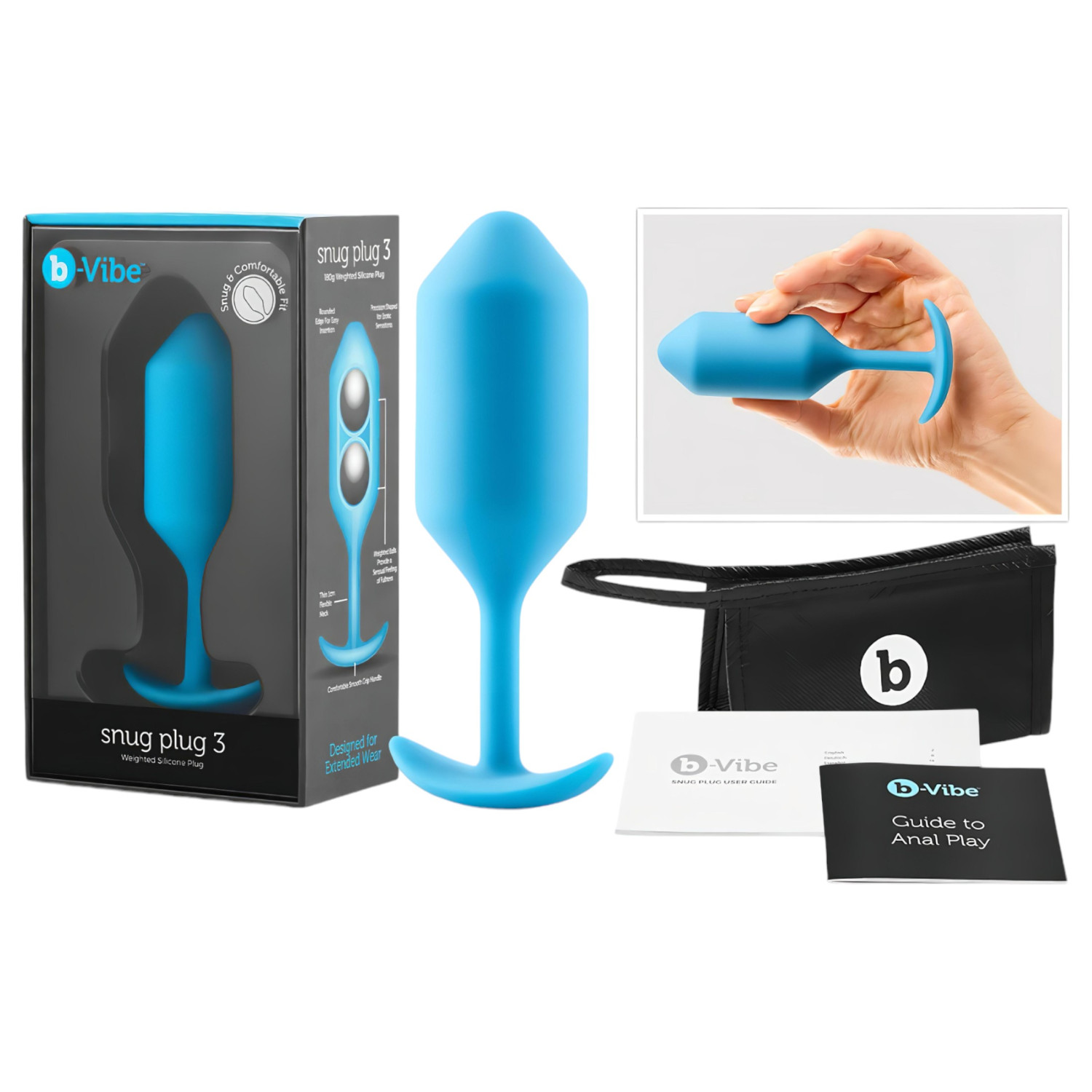 b-Vibe Snug Plug 3 - dubbelkulig analplugg (180 g, blå)
