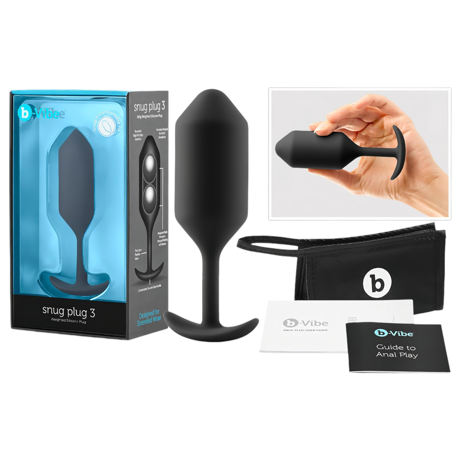 b-Vibe Snug Plug 3 - dubbelkule-buttplug (180 g, svart)