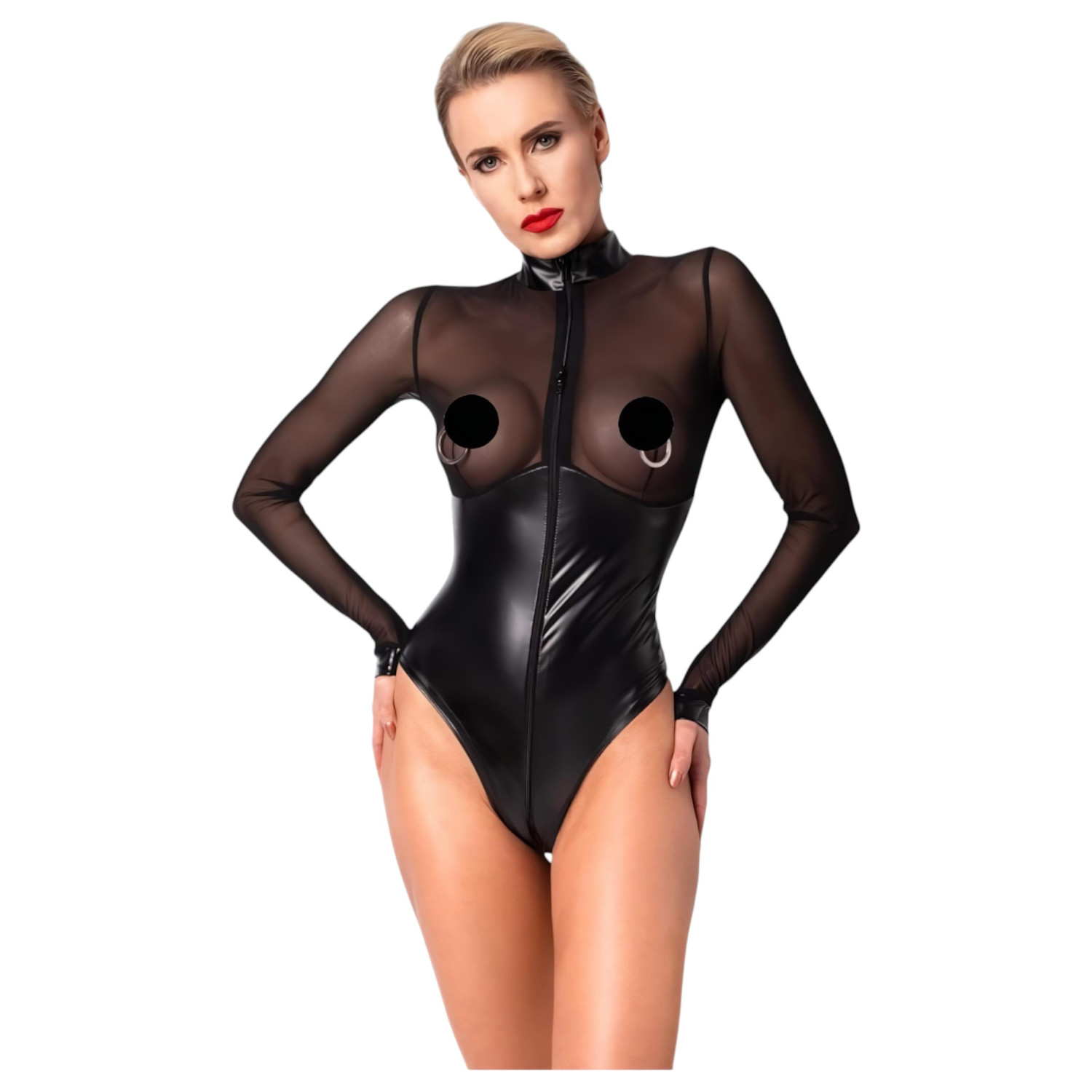 Noir - body med transparent insats - glansig - svart - XL